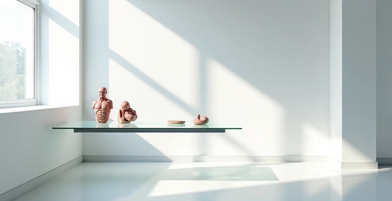 Espace d'étude médical épuré symbolisant l'excellence et la concentration