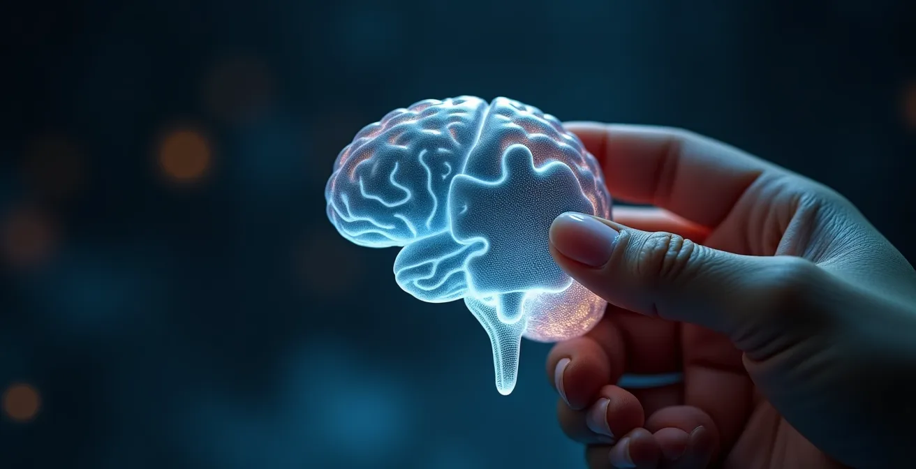 Axe Macro & Textural : Gros plan sur une main assemblant les pièces d'un puzzle formant un cerveau lumineux