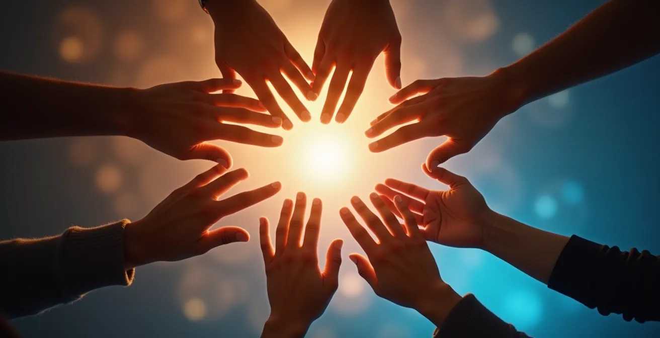 Axe Humain & Émotionnel : Mains interconnectées formant un réseau lumineux de collaboration