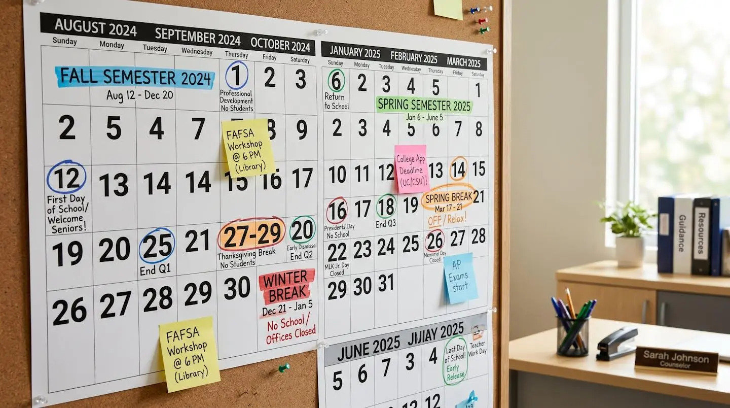 Calendrier mural annoté montrant les périodes de l'année scolaire américaine avec codes couleur pour les semestres et vacances
