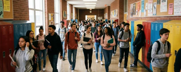 Couloir animé d'un lycée américain avec casiers colorés et lycéens en mouvement entre les cours