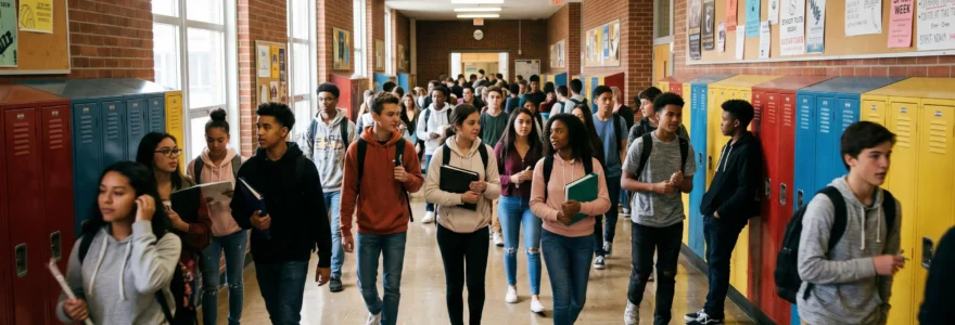 Couloir animé d'un lycée américain avec casiers colorés et lycéens en mouvement entre les cours