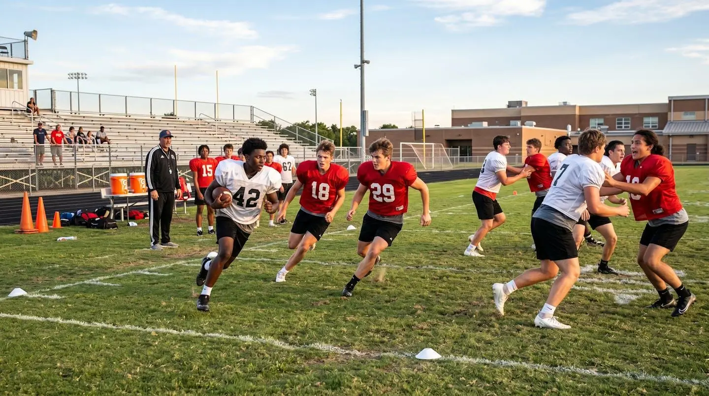 Lycéens américains pratiquant un sport d'équipe lors d'un entraînement sur le terrain de leur high school
