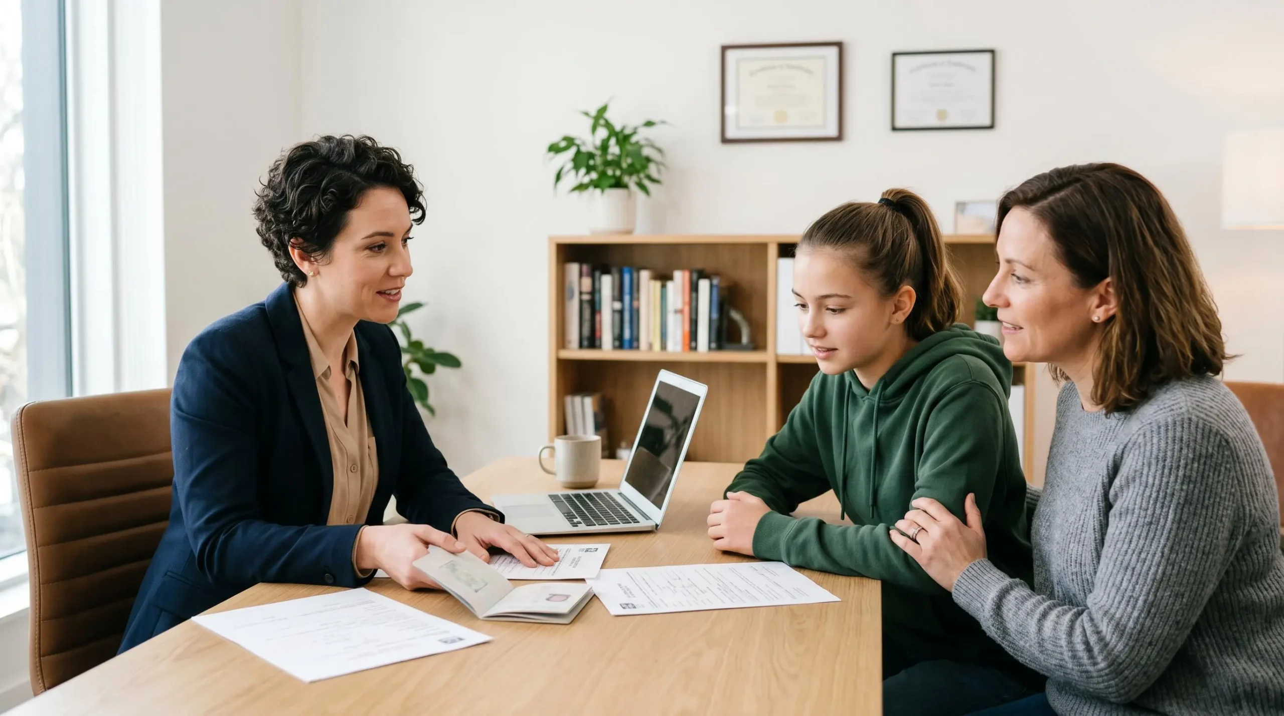 Session de conseil personnalisée où un coordinateur accompagne une famille dans les démarches administratives d'inscription